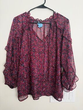 CeCe Pink and Black Floral Ruffle Blouse